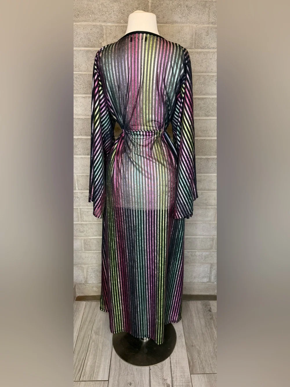 TAMO Design L Metallic Rainbow Stripe Sheer Maxi Duster Kimono Festival
